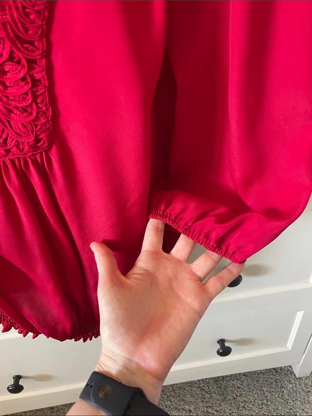 Daniel Rainn Red Deep V Blouse with Decorative Trim | Business Casual Blouse | M - Picture 3 of 6